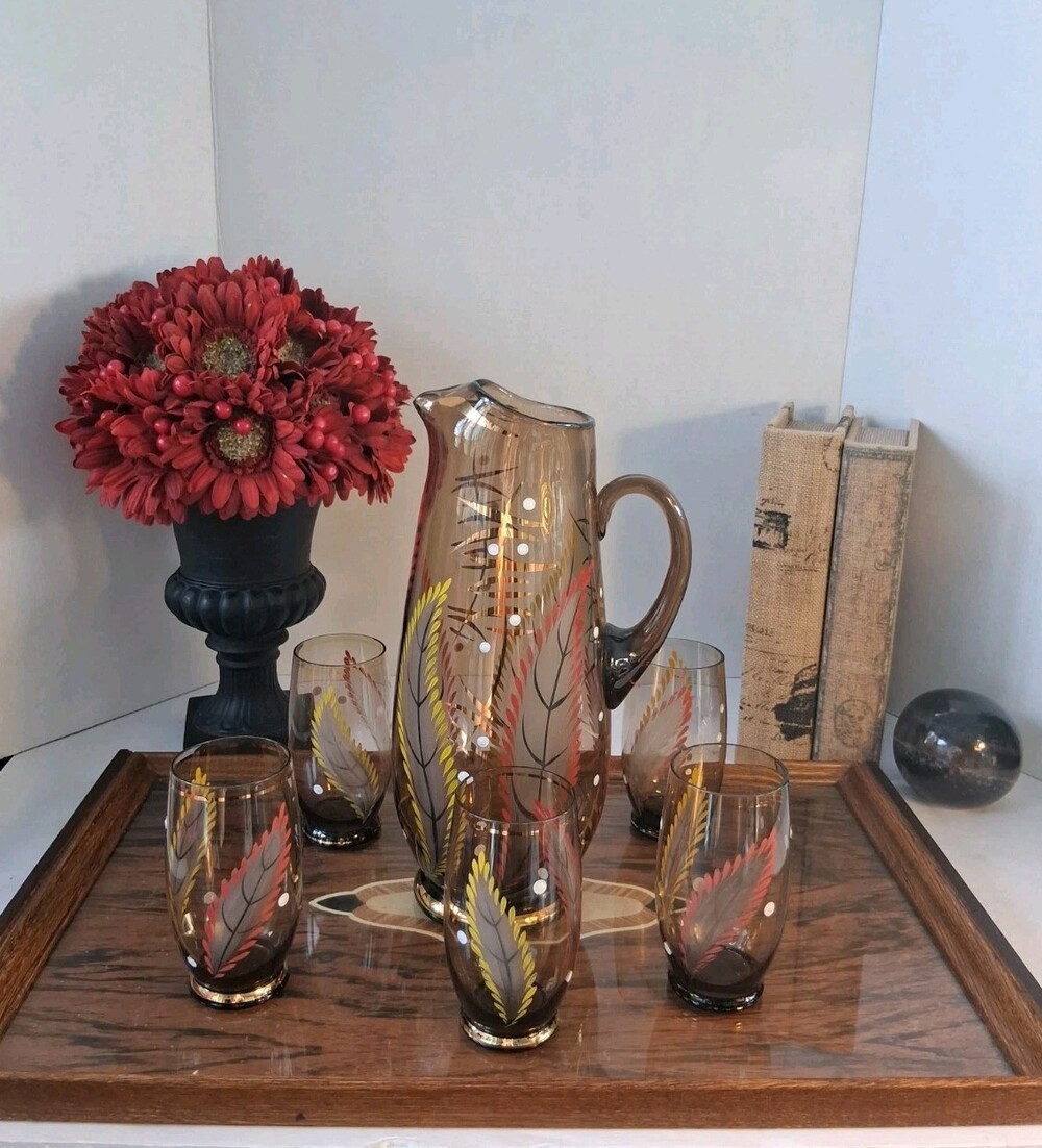 MCM Amber/Taupe Glass Pitcher+Juice Glasses 6 PC Set;HandPainted Feather Motif
